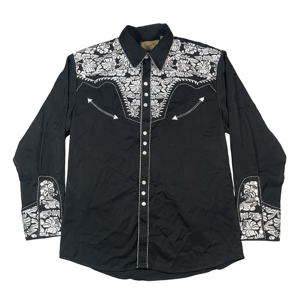 Scully‎ Gunfighter Black White Embroidered Mens M Pearl Snap Western Shirt Rodeo